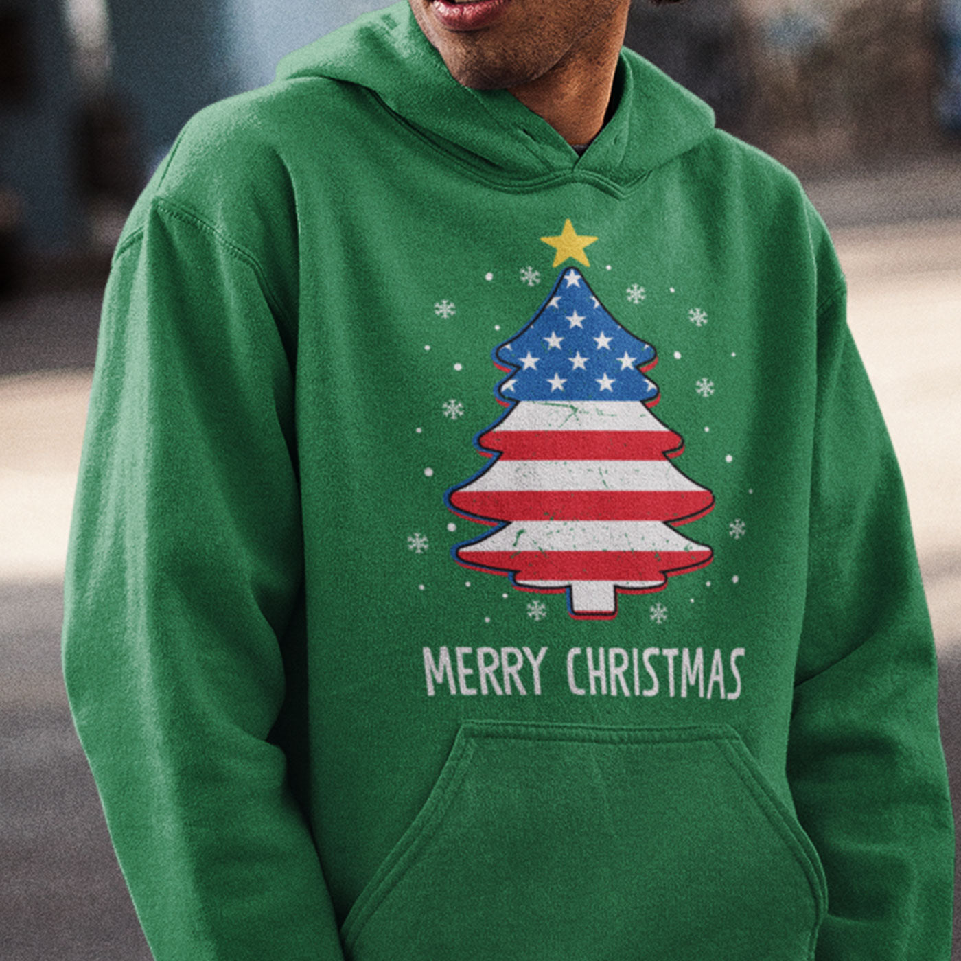 Patriotic Merry Christmas | American Flag Christmas Tree | Unisex Hoodie